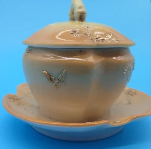 Vintage asiatische Senfform mit aufgesetztem Unterteller und Deckel gelb mit gold vergoldeten Gänseblümchen - Bild 1 von 10