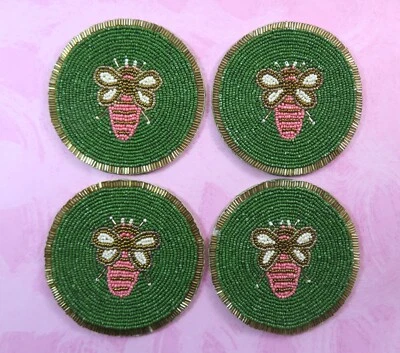 Juego de 4 montañas rusas de abeja con cuentas con respaldo de tela hechas en la India 4,5 pulgadas verde rosa Foto 1 de 4