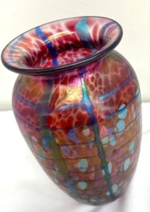 Vintage 1997 David Tate mundgeblasene Kunstglas Vase irisierend signiert orange blau rot - Bild 1 von 16
