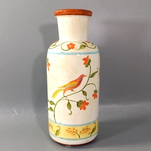 Flower Bird Hand-Painted VTG Small Pottery Vase 8” Ceramic Felt Cushion Base - Bild 1 von 9