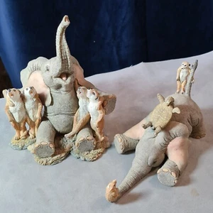 Tuskers Elephants with Meercats & Tortoise, 2 figurines circa 2003, with damage - Picture 1 of 14