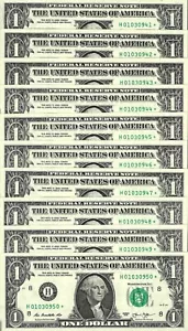 10 Consecutive 2013 $1 H*Star* Federal Reserve Notes - Gem Crisp Uncirculated - Picture 1 of 2
