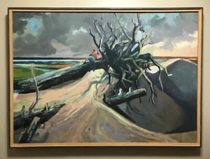 DANNY PIERCE paesaggio costiero incorniciato con figure e dipinto Driftwood 37" x 27" - Foto 1 di 8
