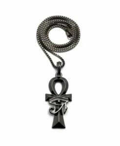 Colgante Egipcio Ankh Cruz Ojo de Horus 24 en Cadena Cubana Negra - Imagen 1 de 7