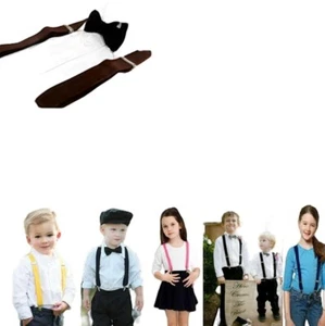 Boys Girls Kids Clip On Suspenders Adjustable + Bow Tie Bowtie Wedding Pageboy - Picture 1 of 22