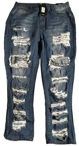 Fashion Nova Womens Jeans Blue Straight Distressed Sz.13 W32”X27” L (158.E)NWT - Picture 1 of 5