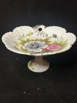 Plato de pastel de porcelana vintage con patas pequeñas compota rosa decoración floral 3954 5-228 Foto 1 de 4