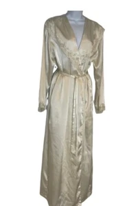 Vtg Victorias Secret Gold Label Lace Trim Shawl Collar Silky Ivory Long Robe M - Picture 1 of 12