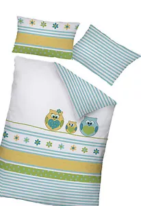 Baby Kinder Wende Bettwäsche 100x135 cm Streifen Eule 100% Baumwolle weiß türkis - Bild 1 von 1