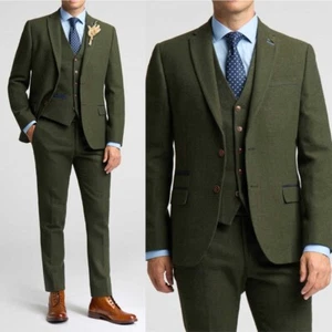 Men's Suit Green Herringbone Business Single Breasted Notch Lapel Tweed Custom - Picture 1 of 11