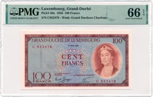 Lussemburgo - 100 Franchi 1956 * P50 * PMG Gemma UNC 66 EPQ - Foto 1 di 2