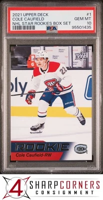 Juego de caja 2021 cubierta superior NHL STAR ROOKIES #1 COLE CAUFIELD RC PSA 10 Foto 1 de 2