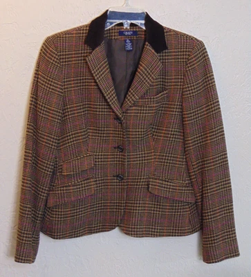 Jaqueta Blazer Chaps Feminina Mescla de Lã Tweed 10 Marrom Xadrez Equestre Preppy - Imagem 1 de 4