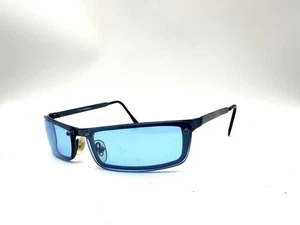 Blue Metal Rimless Wrap Rectangle Blue Lens Sunglasses - Picture 1 of 6