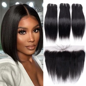 Paquetes de cabello humano liso con encaje frontal (10 10 10+10) recto 3 paquetes con - Imagen 1 de 6