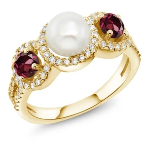 1.54 Ct Round Red Rhodolite Garnet 18K Yellow Gold Plated Silver Ring - Picture 1 of 3