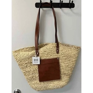 Haute Hippie Woven Jute Tote Bag with Leather Trim & Removable Pouch - Picture 1 of 4