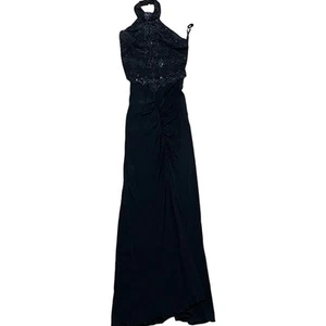 Vintage Kitty Maxi high Neck Halter Beaded black maxi gown whimsy goth Sz Small - Picture 1 of 8