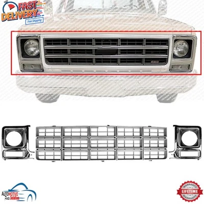 NEW FRONT GRILLE HEADLIGHT DOORS BLACK & CHROME FOR 1977-1980 CHEVROLET C10 K10 - Image 1 of 4