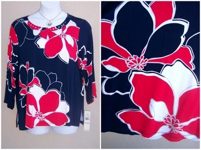 Alfred Dunner NEW tunic top plus size 2x silver red white navy blue blouse shirt - Image 1 of 4