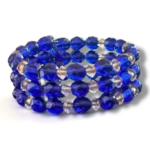 Brazalete envolvente de vidrio checo azul cobalto transparente vintage ajustable con cuentas - Imagen 1 de 12