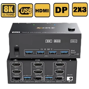 KVM Switch Triple Monitor 8K@60Hz 4K@144Hz DisplayPort+2 HDMI 4 USB 3.0 Ports - Picture 1 of 28