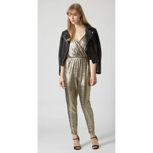 Glamorous Gold Jumpsuit Womens Small V-neck Lined Straight Slim Cocktail Party - Picture 1 of 18