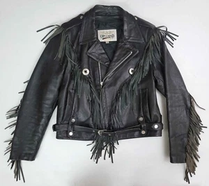 Vintage Open Road schwarze Fransen & Conchos Leder Motorrad Biker Jacke Gr. 44 - Bild 1 von 9
