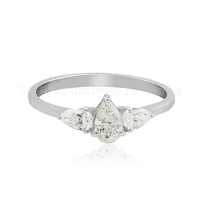 0.53 Ct Natural H/SI Three Pear Diamond Wedding Ring Gift 18k White Solid Gold - Picture 1 of 8