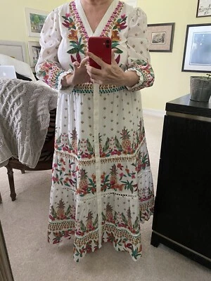 Chico's бисером Y-образным вырезом воздушный шар рукав кнопка спереди цветочный макси платье размер 1,5. - Изображение 1 из 3