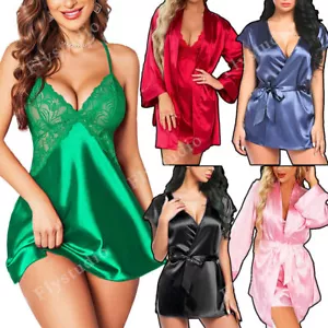 Women Satin Silky Lace Lingerie Sleepwear Sexy Kimono Bath Robe Gown Nightdress - Picture 1 of 107