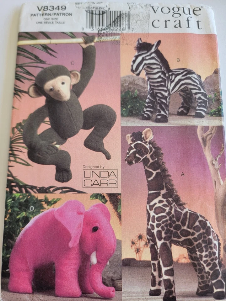 Vogue Craft V8349 One Size Zebra,  Giraffe,elephant ,monkey Designed Linda Carr - Image 1 of 2