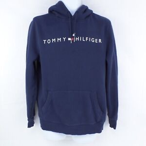 Tommy Hilfiger Men's Hoodie Navy Blue Hooded Top Logo Ribbed Finish Medium