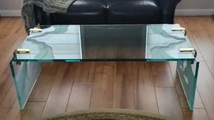 stunning vintage glass carved coffee table with brass from Paris, France in 1980 - Picture 1 of 7
