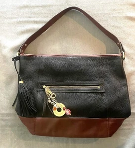 ISAAC MIZRAHI Black/Brown Genuine Leather Pebble Hobo Lined Shoulder Bag A234724 - Picture 1 of 14