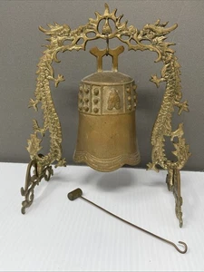 Vintage Bronze Brass Bell with Two Dragon Stand. Beautiful Sound. W/ Hammer - Imagen 1 de 8
