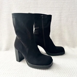 Mia Vintage schwarz Nylon Stretch eckige Zehenpartie Plateau 90er Y2K halbhohe Stiefel 9 - Bild 1 von 13