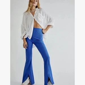 NWT! FREE PEOPLE Real Deal Split Flare Pants Blue High Rise Waist Stretch Medium - Picture 1 of 14