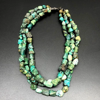 3-Strand Green Blue Turquoise Pebble Nugget Necklace 925 Sterling Silver Clasp - Image 1 of 4