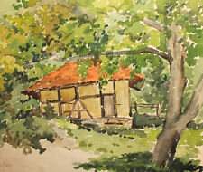 1962 IMPRESSIONIST WATERCOLOR PAINTING FOREST LANDSCAPE HOUSE SIGNED