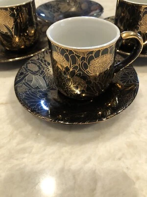 YAMASEN GOLD COLLECTION 24 Kt GOLD PLATED Black & Gold DEMITASSE CUPs & SAUCERs - Image 1 of 4