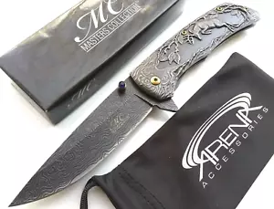 Pocket Knife Faux Damascus Deer Hunter Stonewash EDC Blade Spring Assisted - Picture 1 of 6