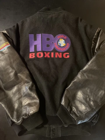 Vintage 90s HBO Sports Boxing Prime Time Letterman Jacket Leather Sleeves Cover