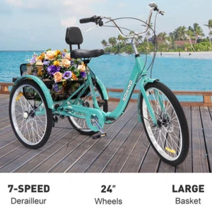 SOIKING Foldable Adult Tricycle 24 inch 7 Speed 3-Wheels Folding Trike Bike US - Picture 1 of 11