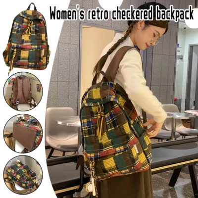 女士复古方格背包学生大容量休闲旅行背包 — 第 1/4 张图片