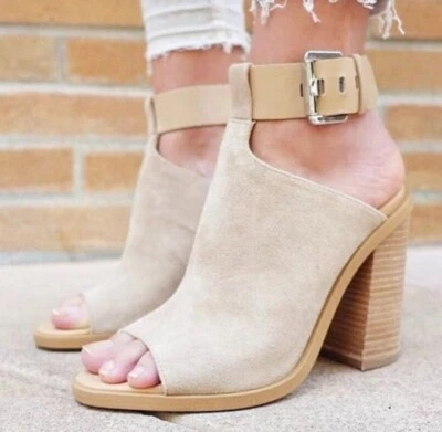Mark Fisher Vashi Beige Suede Ankle Strap Boots w/ Peep Toe Block Heel Size 11 M - Image 1 of 4
