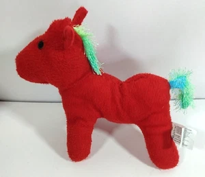 8"Kellytoy Red Plush Horse Stuffed Animal, Contrasting Mane,Tail,Green & Blue - Picture 1 of 7