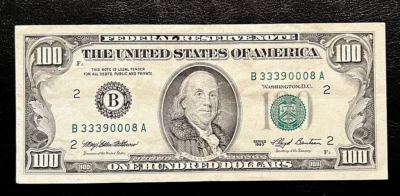 1993 $100 FEDERAL RESERVE NOTE, NEW YORK,NY UNCIRCULATED, FANCY B33390008A - Image 1 of 2