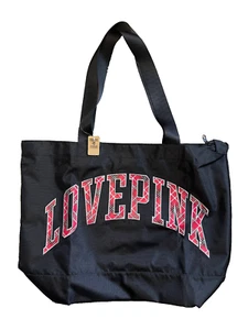 Victoria's Secret PINK Tote Gym Bag Black Red Plaid Logo Large Zip Closure - Picture 1 of 3
