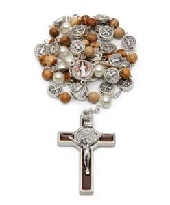 Saint St Benedict Rosary Pearl Glass Beads Catholic Necklace Blessed By Pope - Picture 1 of 13